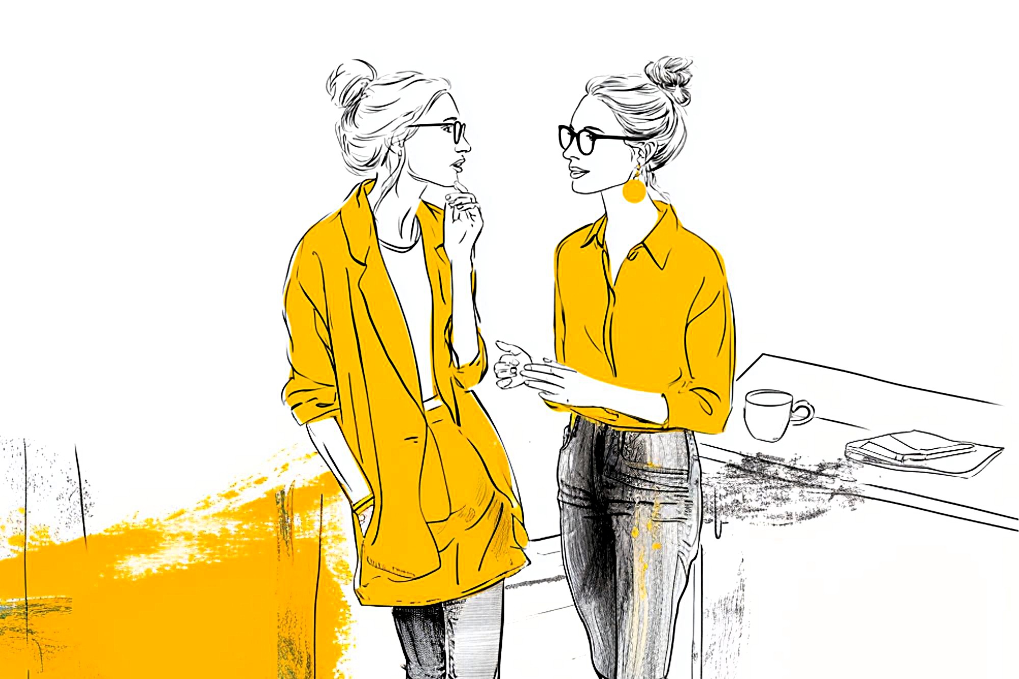 Illustration of two women with glasses and hair in buns, wearing yellow tops, standing and talking by a counter with a coffee cup and book, against a white background with yellow accents.