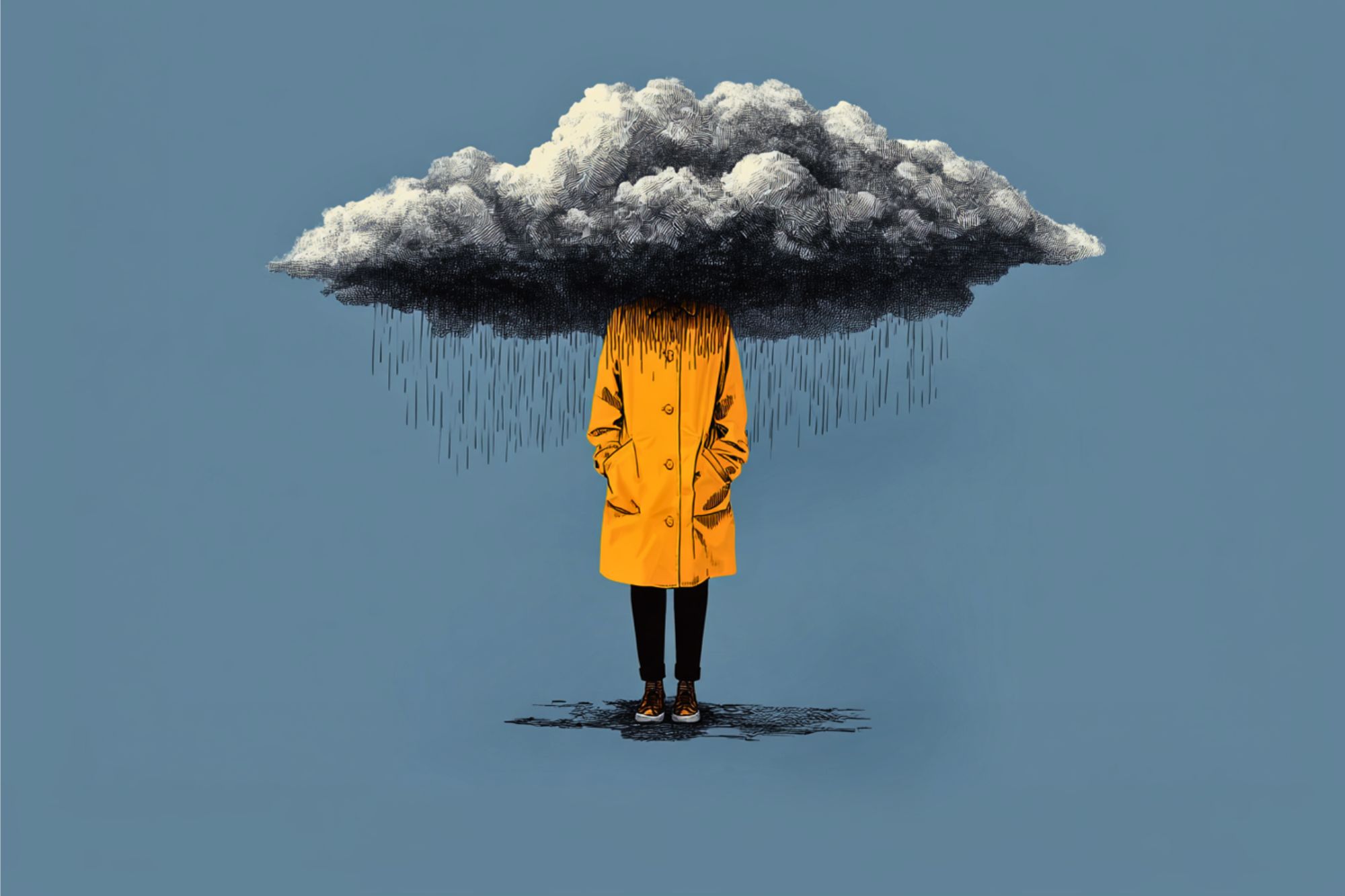 A person in a yellow raincoat stands with their head obscured by a dark, rainy cloud against a plain blue background, symbolizing a gloomy or sad mood.