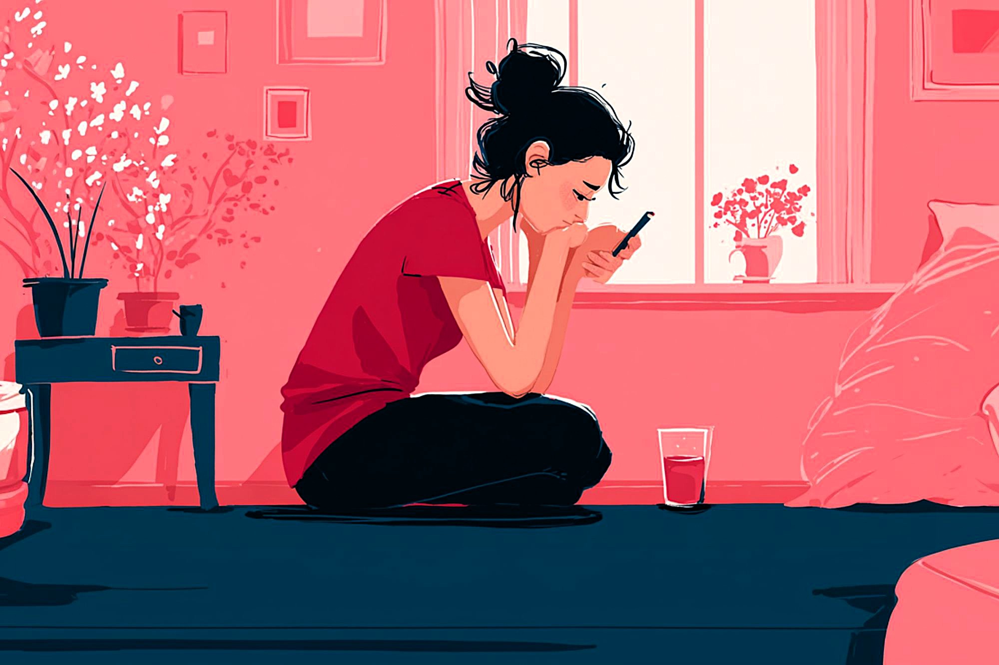 A woman sits cross-legged on the floor in a pink room, looking down at her phone with a sad expression. A glass of juice, potted plants, and framed pictures are visible around her.