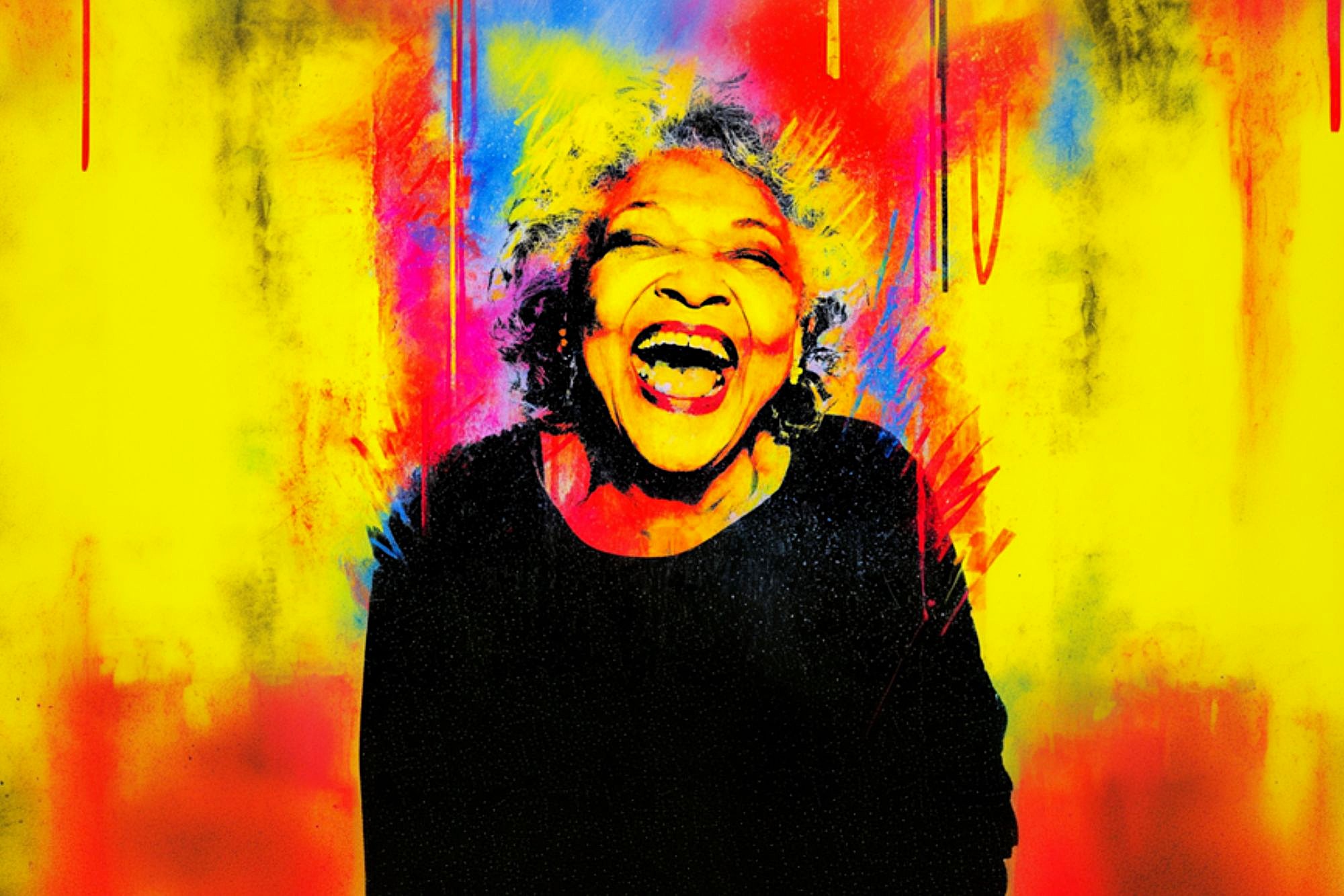 A joyful older woman with curly gray hair laughs brightly, surrounded by a vibrant background of yellow, red, and blue, creating an energetic, colorful, and uplifting atmosphere.