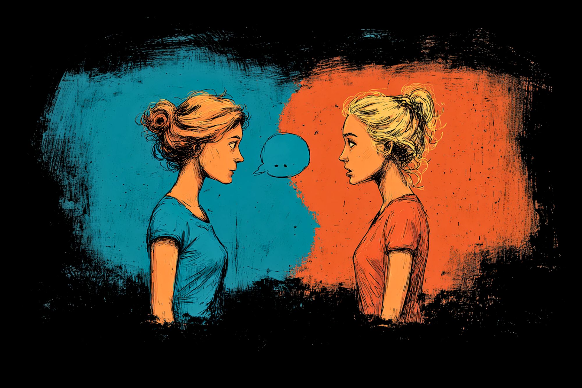 Two women face each other, one in blue on a blue background and the other in orange on an orange background, with a speech bubble between them, symbolizing communication or dialogue.