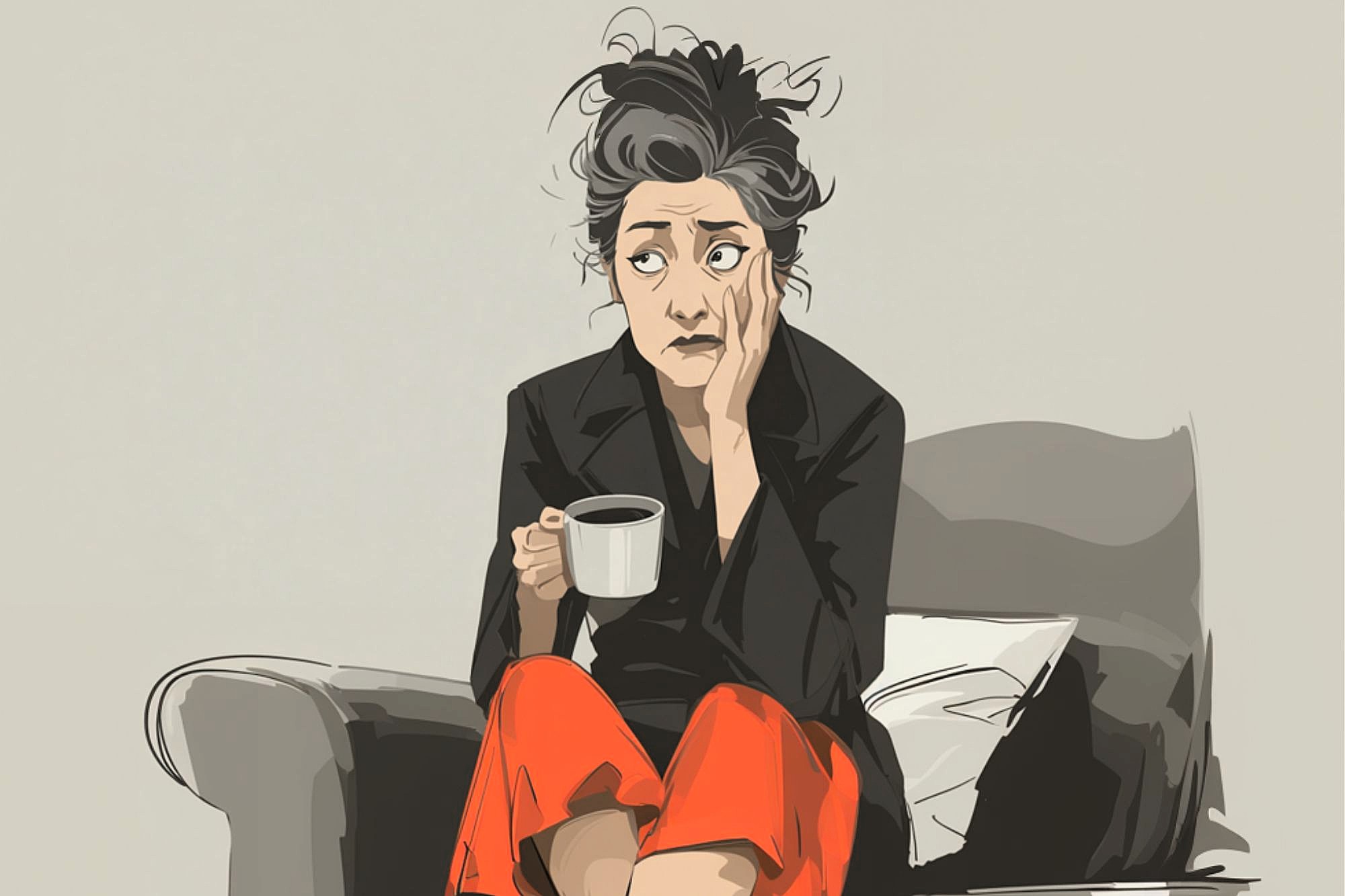 A woman with messy hair sits on a couch, resting her face on one hand and holding a cup of coffee in the other. She appears tired or worried, wearing a black top and orange pants.