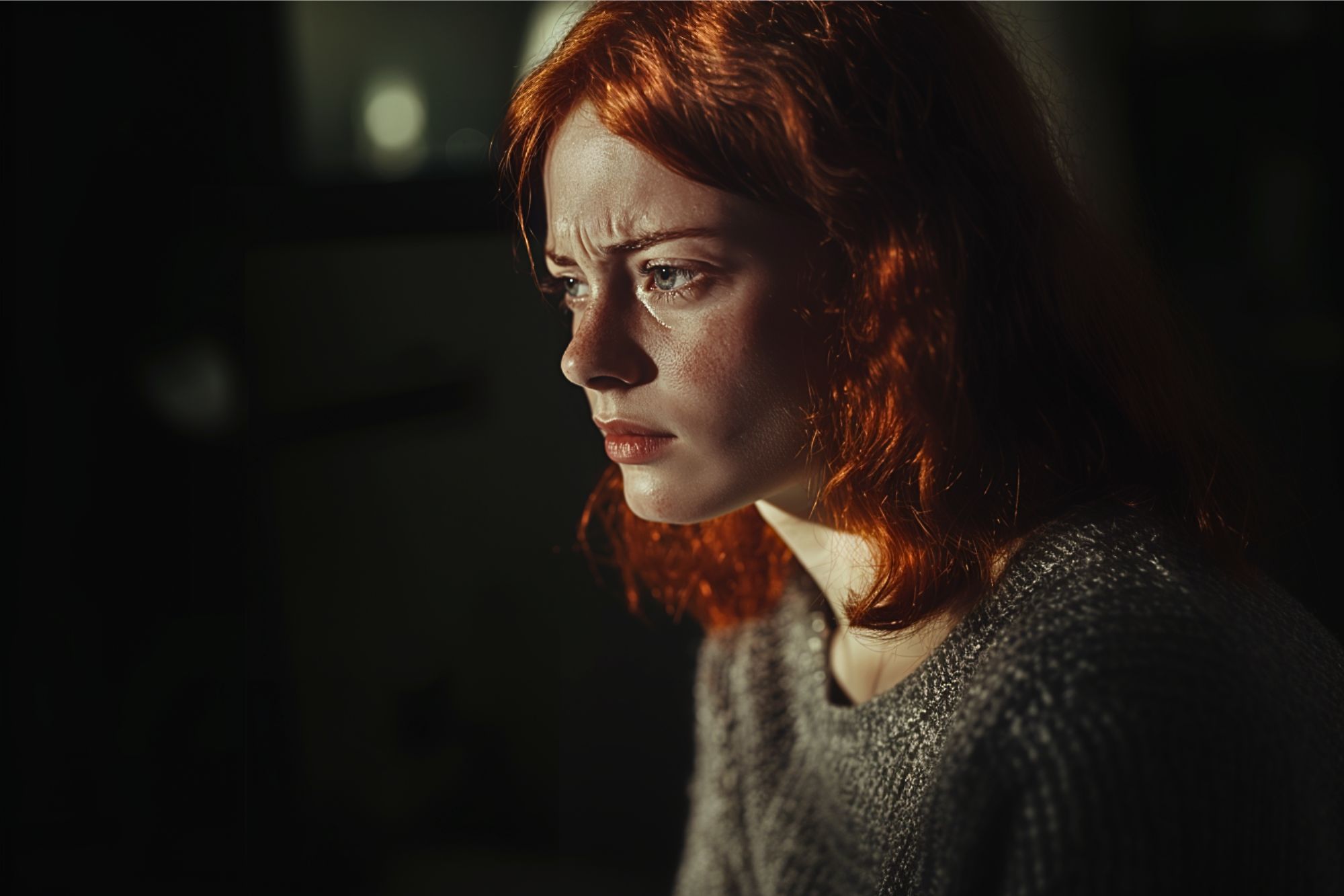 A young woman with red hair and a grey sweater looks pensive and serious, gazing into the distance with soft light illuminating her face against a dark background.