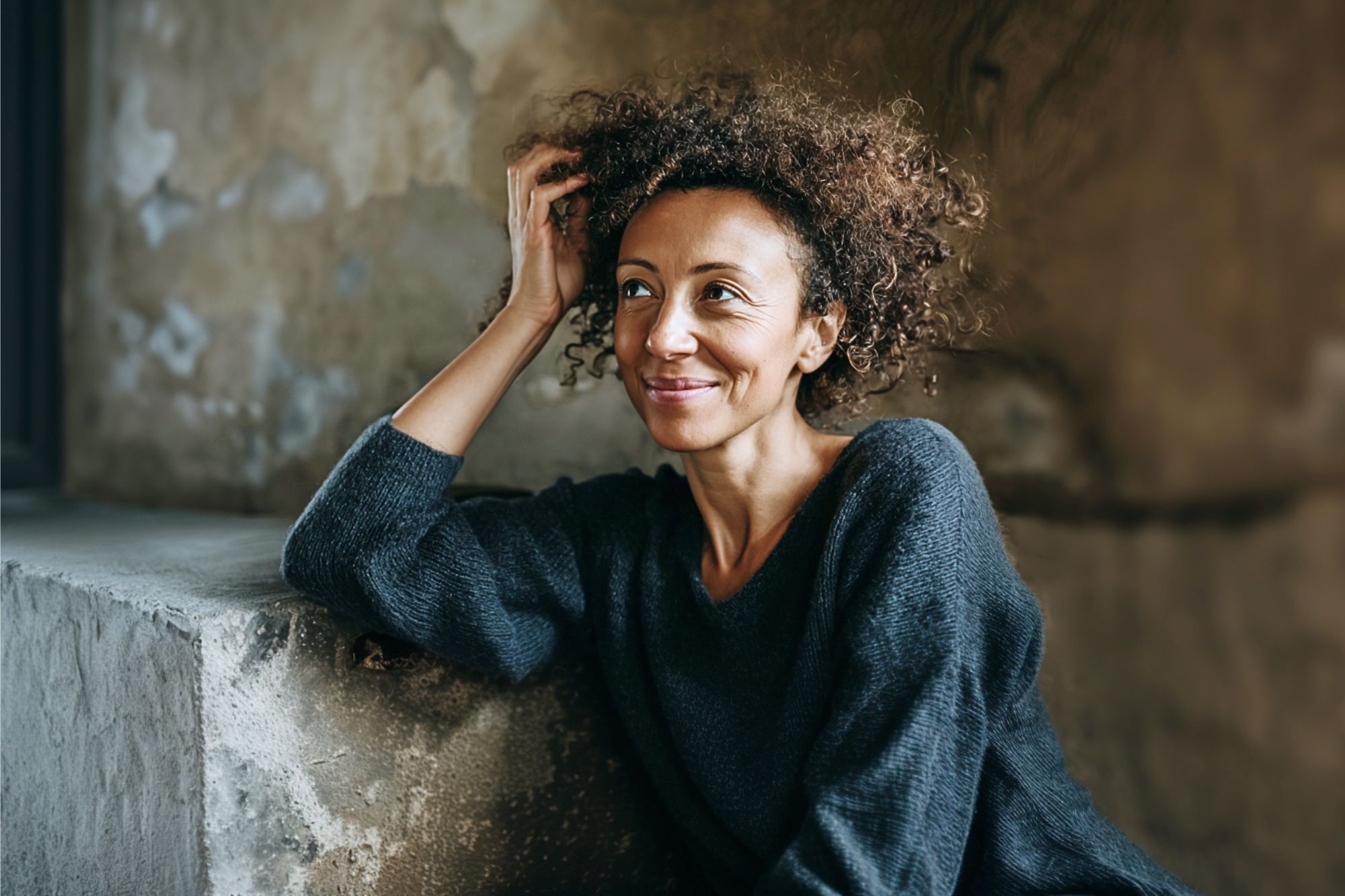 A woman with curly hair wearing a dark sweater sits by a concrete ledge, smiling and looking upward. The background is a textured, rustic wall. The lighting is natural and soft.
