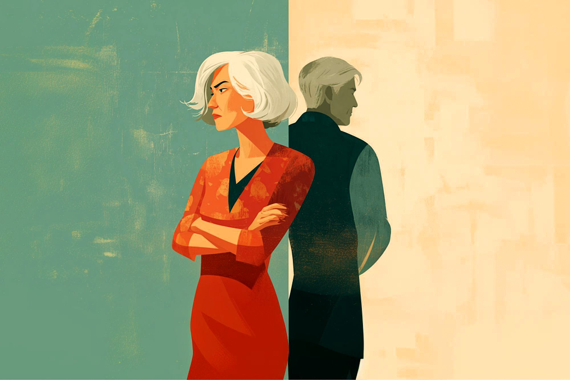 Illustration of a woman with short white hair and a red dress standing with arms crossed, looking away from a man in a dark suit who stands with his back to her. The background is split into green and beige halves.