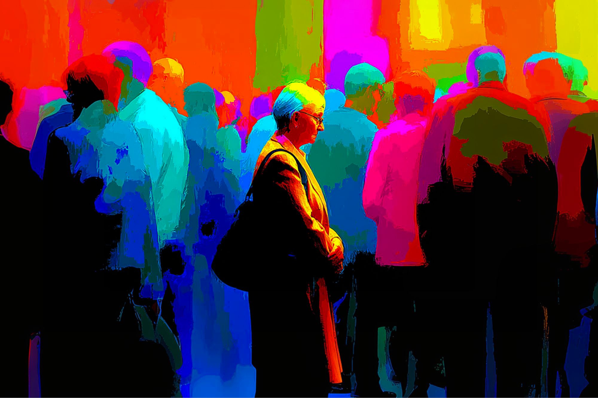 A digitally altered image of a crowd, with silhouettes heavily saturated in vibrant colors like red, blue, green, and yellow. A person in the foreground, wearing glasses and a coat, stands out among the others.