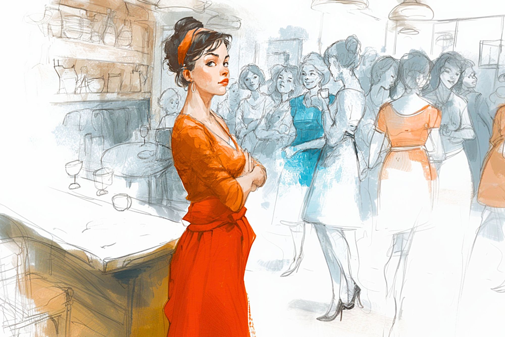 A woman in a red dress stands confidently in the foreground of a social gathering, with a group of people conversing in the background. The scene is illustrated in a sketchy, artistic style with soft colors.