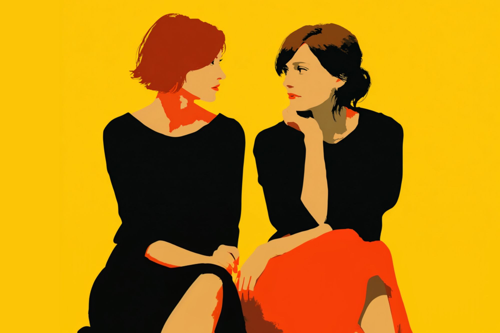 Two women in black dresses sit facing each other against a bright yellow background. One woman has short red hair, the other has dark hair tied back. They appear to be having a thoughtful conversation.