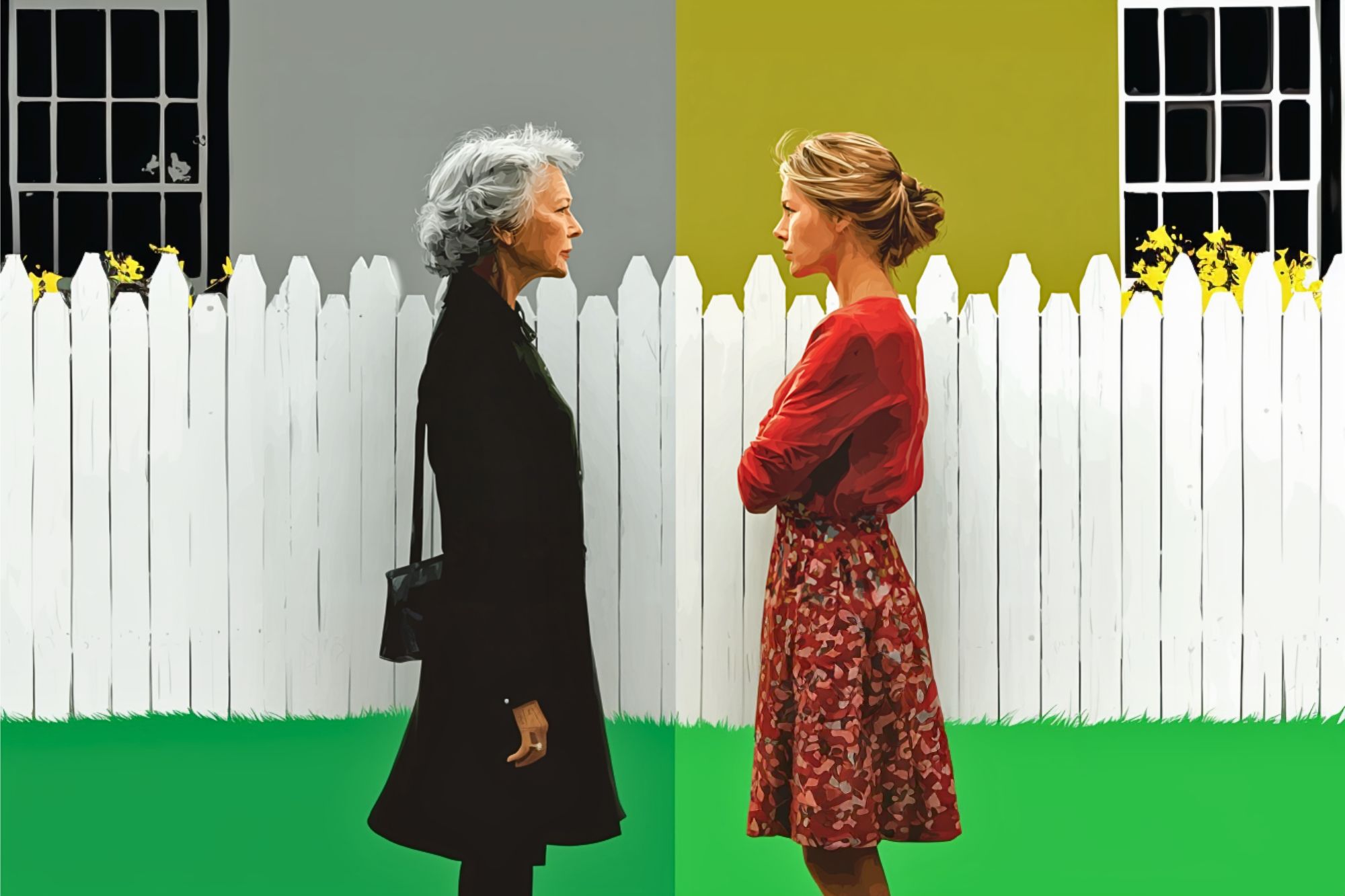 Two women stand facing each other in front of a white picket fence; the left side is gray with an older woman wearing black, while the right side is colorful with a younger woman in a red dress, arms crossed, both appearing serious.