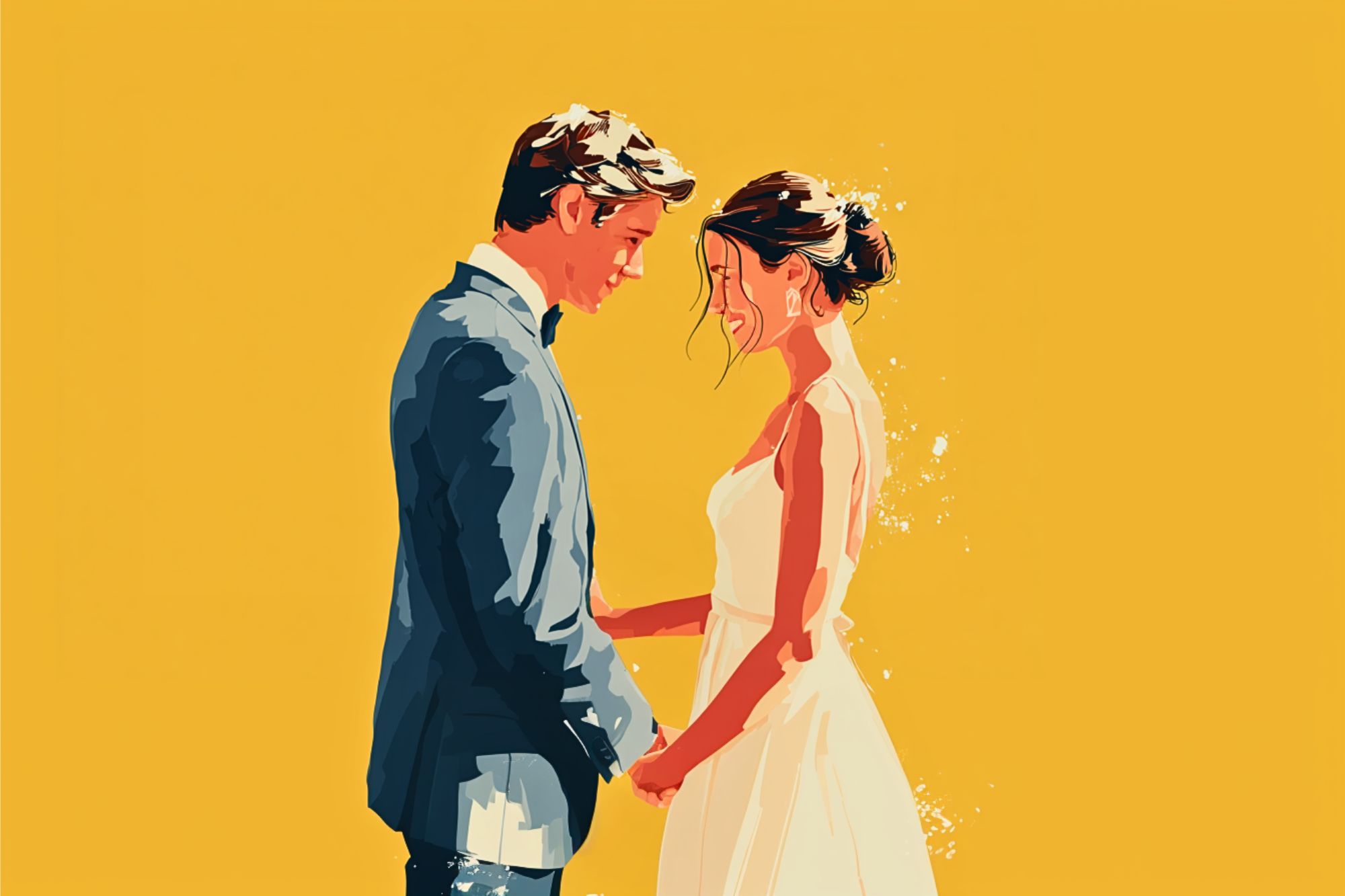 A man in a blue suit and a woman in a white dress stand close together, holding hands and smiling, against a bright yellow background.