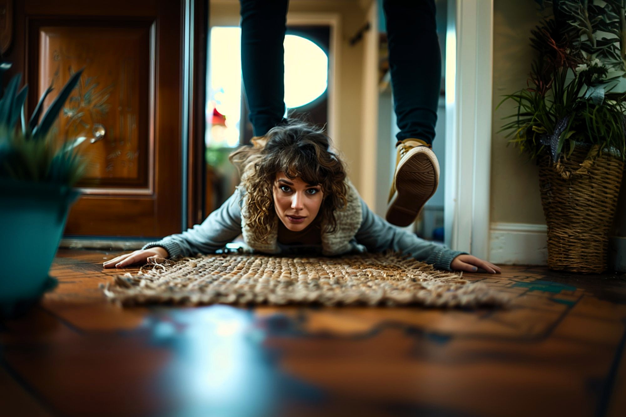 A woman lies face down on a rug near a front door, looking ahead, while someone steps over her. Plants and warm light fill the cozy indoor setting.