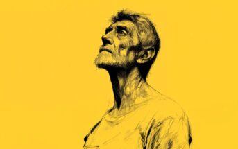 A sketch-style portrait of an older man with a beard looking upwards, set against a bright yellow background. He wears a simple T-shirt and has a contemplative expression.