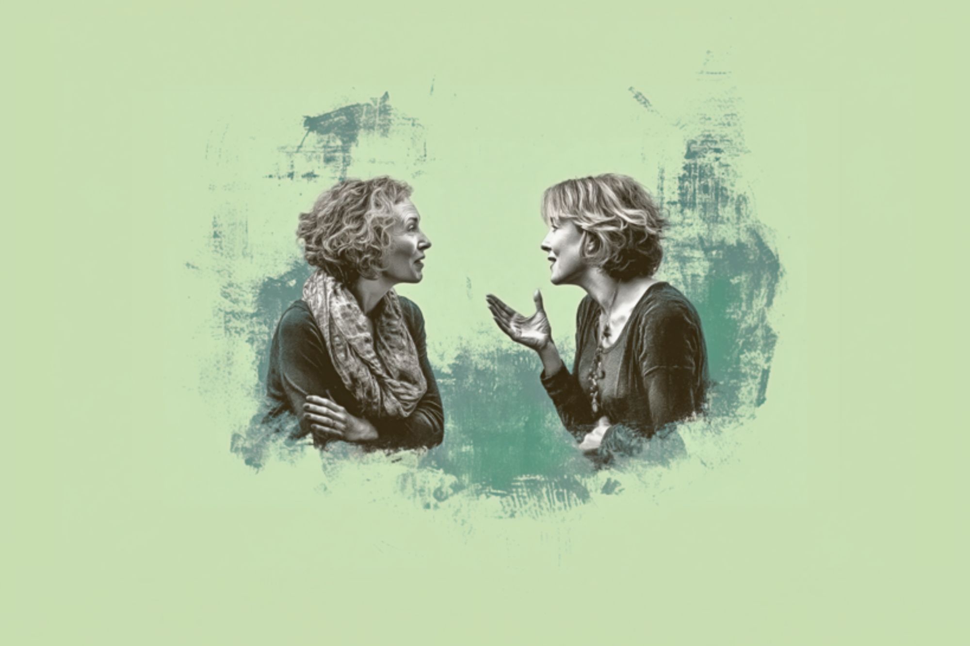 Two women with curly hair face each other, one crossing her arms and listening, while the other gestures as she speaks. The image has a painted effect with a green background.
