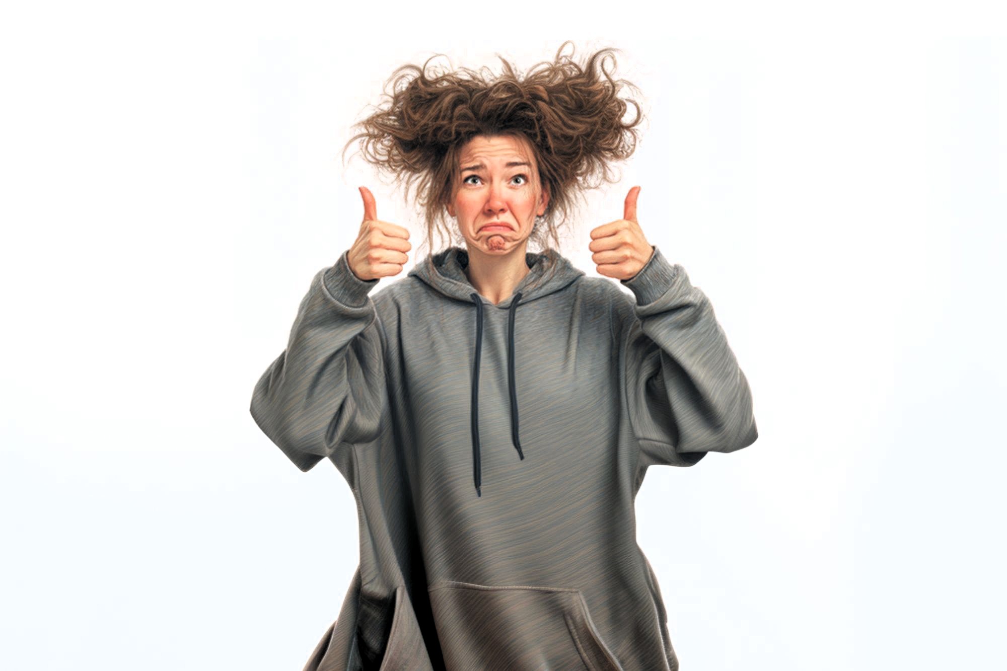 A woman with messy hair wearing an oversized hoodie gives two thumbs up while making a sad, pouty face against a white background.