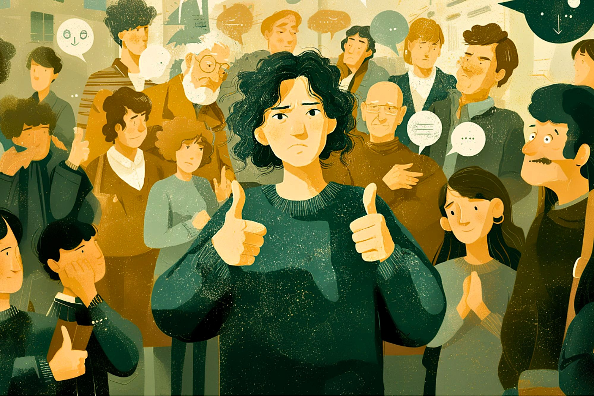 A person with curly hair stands in the center, holding both thumbs up but with an uncertain expression, surrounded by a diverse group of people reacting with mixed emotions and gestures.