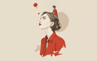 Illustration of a woman in a red shirt looking upward, with a smaller version of herself sitting on her head, and red thought bubbles above, symbolizing introspection or self-reflection.