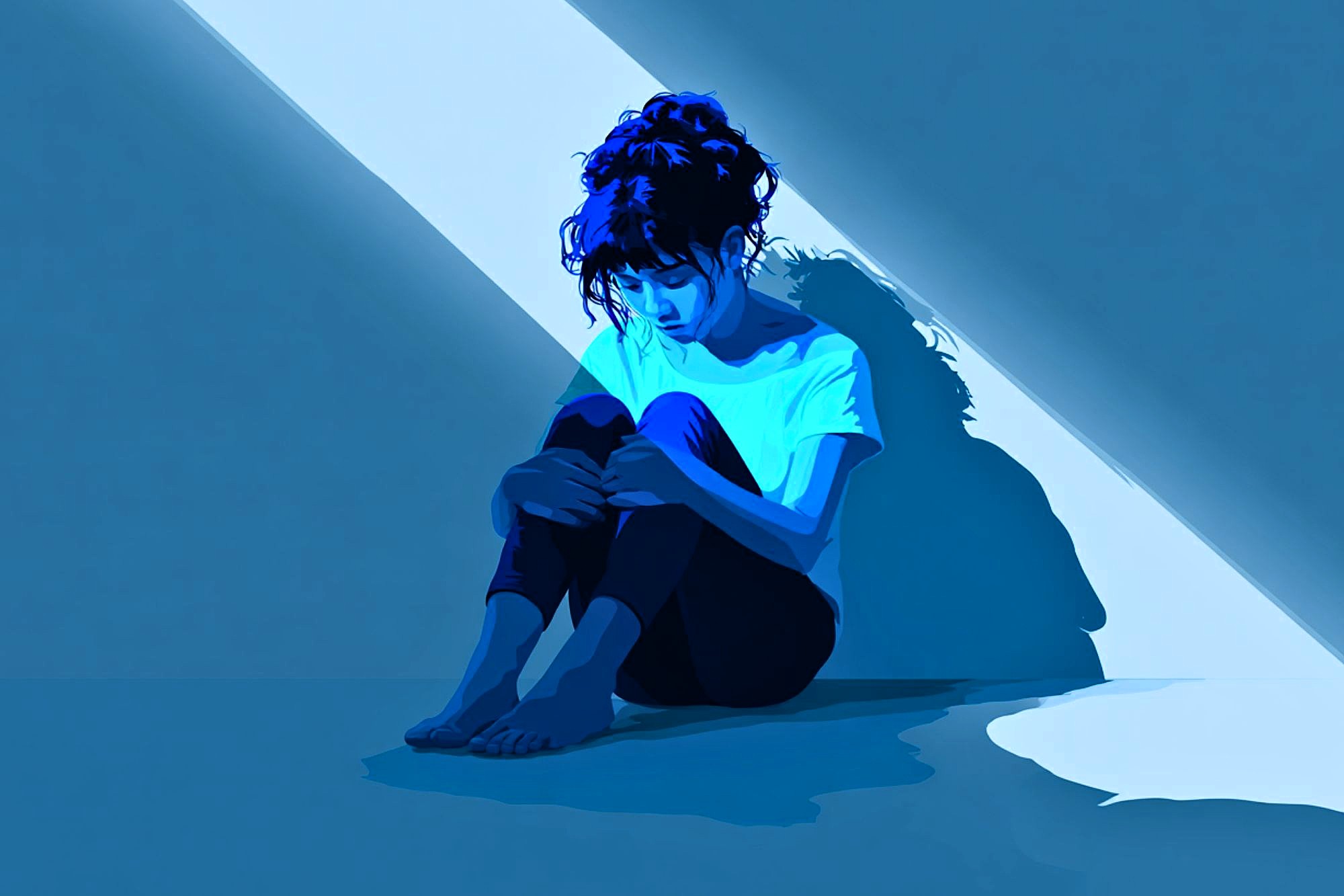 A woman with dark hair sits barefoot on the floor in a mostly dark room, illuminated by a beam of light from above. She looks down, hugging her knees, creating a contemplative and somber mood.