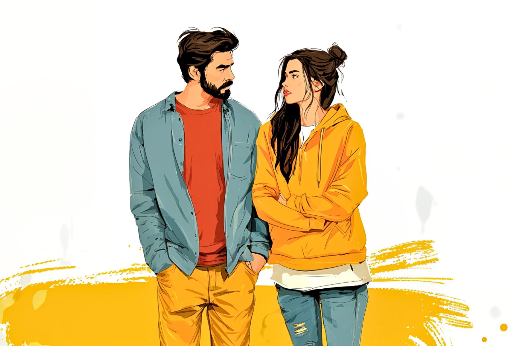 A man and a woman stand side by side against a white background with a yellow paint splash. The man wears a blue shirt and orange pants; the woman has a yellow hoodie and blue jeans. Both look at each other, appearing thoughtful.