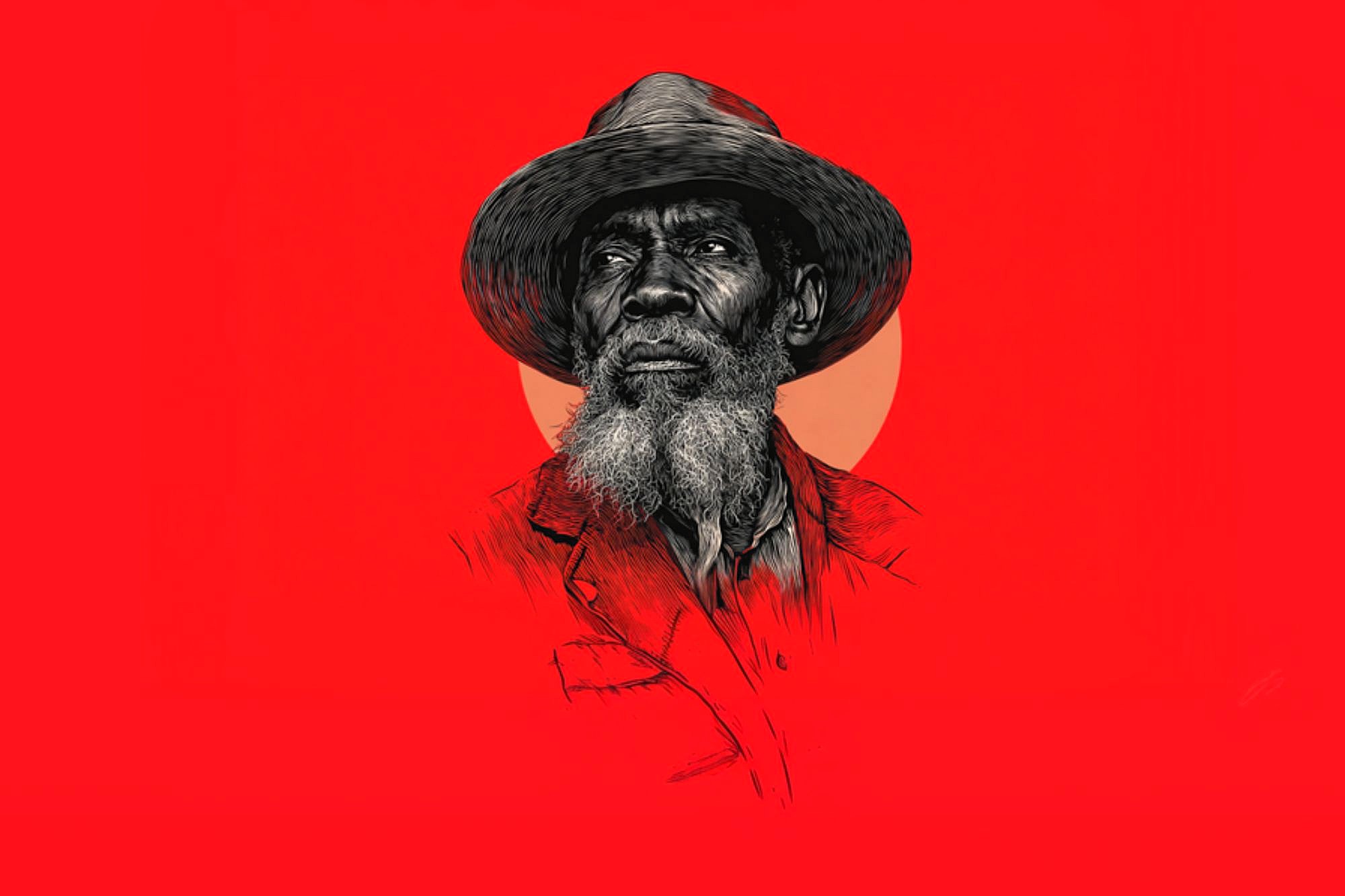 A detailed black-and-white sketch of an older man with a beard wearing a wide-brimmed hat, set against a bright red background with a pale orange circle behind him.