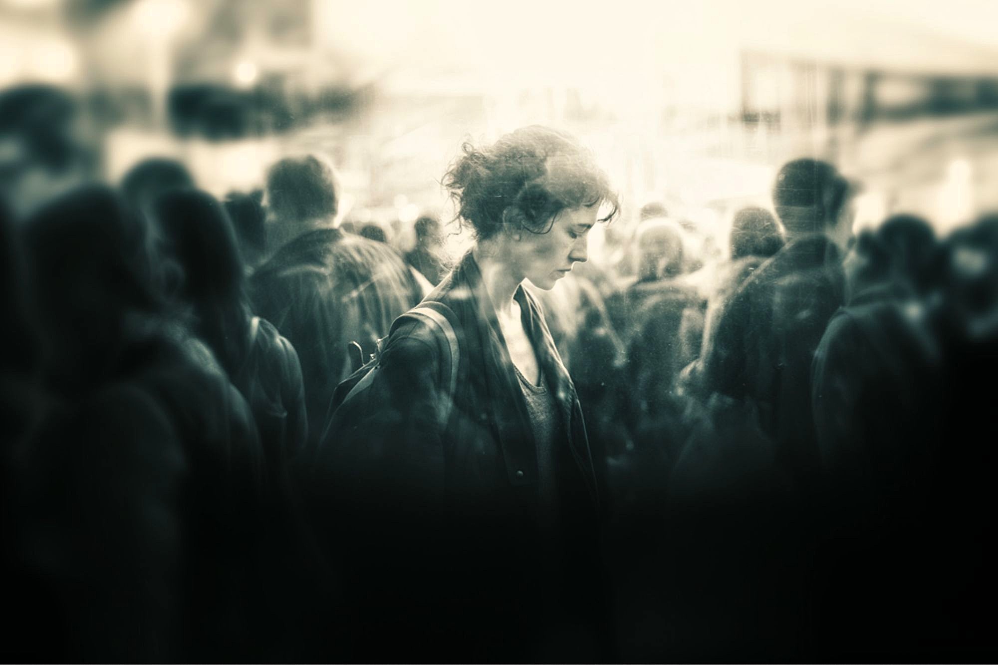 A woman stands alone in a crowd, looking down with a somber expression. The image is in black and white with a soft, blurry focus, creating a moody and introspective atmosphere.