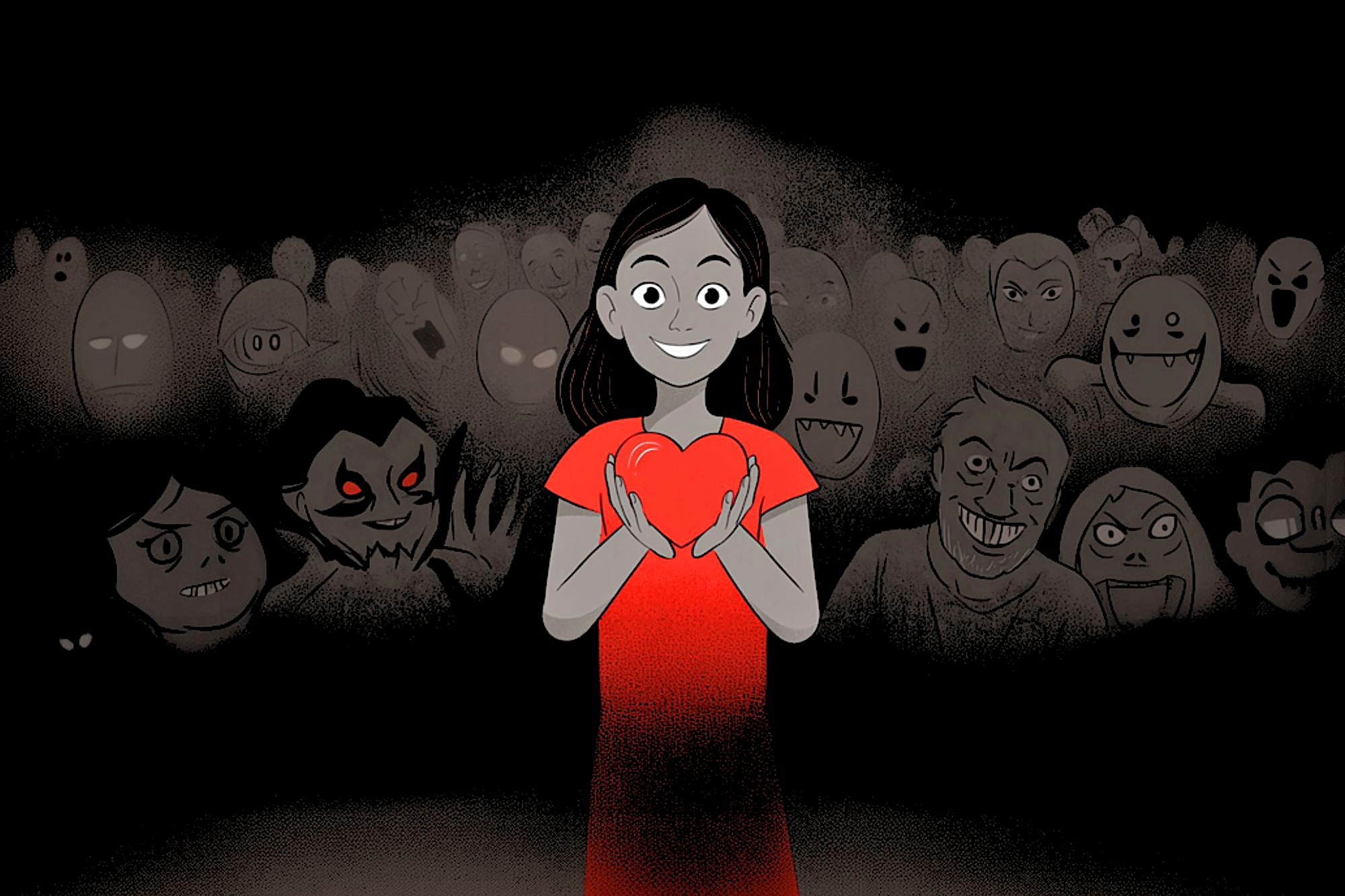 A smiling girl in a red dress holds a glowing heart, standing confidently in front of a dark crowd of shadowy, menacing faces in the background.