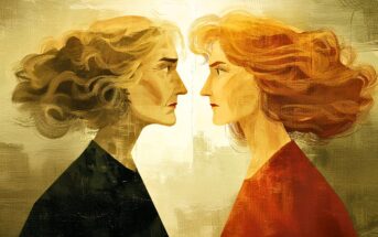 Two women with similar facial features, one with gray hair and one with red hair, face each other closely in profile against a textured, golden background, suggesting tension or confrontation.