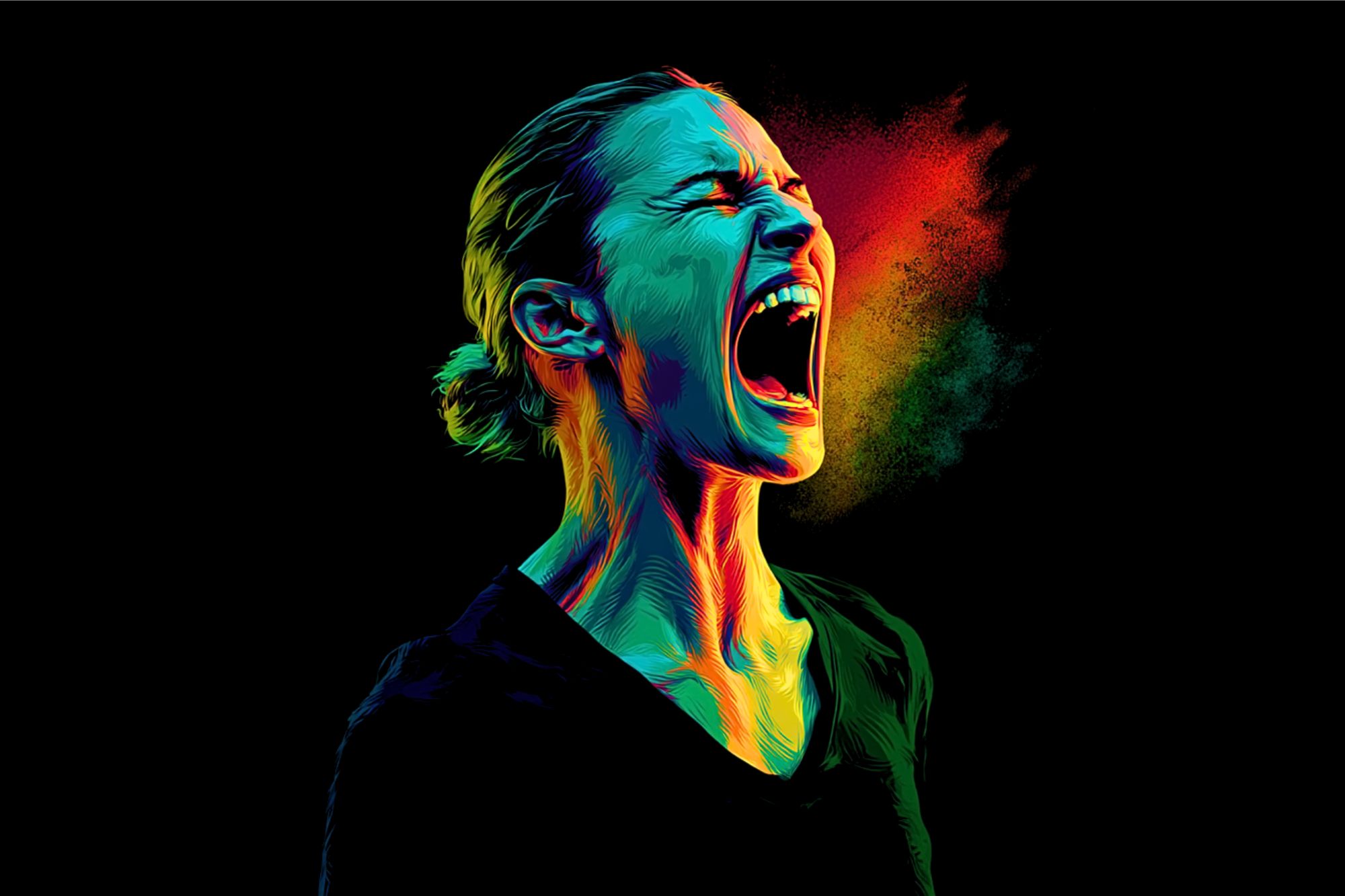 A vibrant digital illustration of a woman screaming, her face lit in bold blue, green, and yellow hues, with a burst of red and yellow colors emanating from her mouth against a black background.