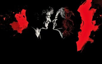 A man and woman, illustrated in black and white, smile at each other against a black background with bold red paint splatters and shapes behind them.