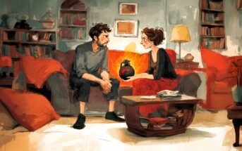 A man and a woman sit on a couch in a cozy, warmly lit living room, talking seriously. The woman holds a dark vase. Bookshelves, a lamp, and a fireplace with a glowing fire decorate the background.