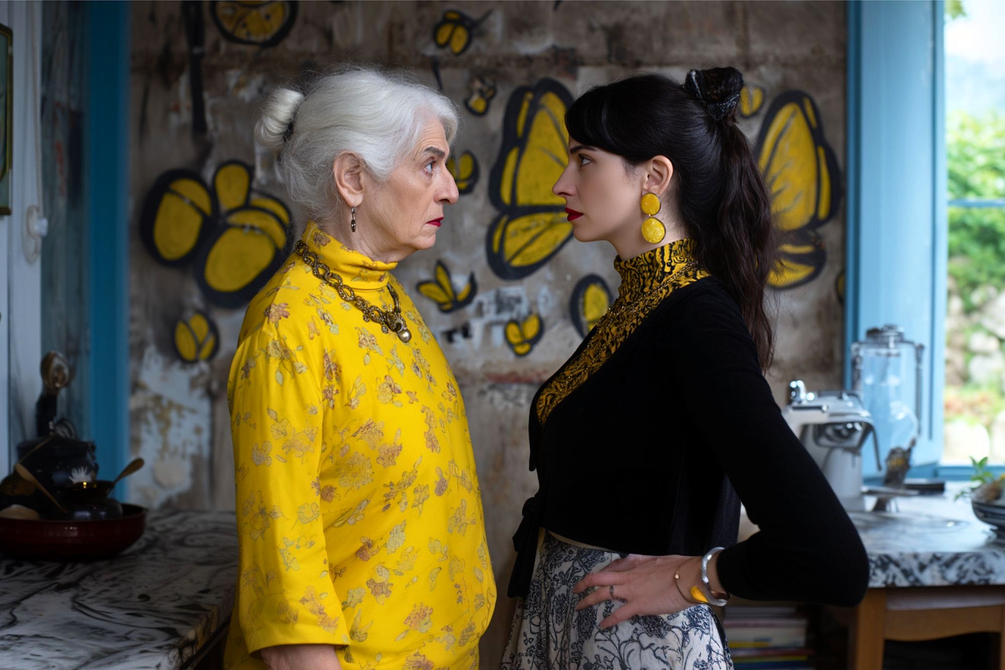 An older woman in a yellow outfit and a younger woman in black and yellow stand face-to-face in a kitchen, staring intently at each other. Yellow butterfly graffiti decorates the wall behind them.