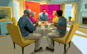 Four people sit around a dinner table in a brightly lit room, sharing a meal. A fifth person stands behind the table, appearing angry or shouting, while the others look toward him. The background is colorful and expressive.