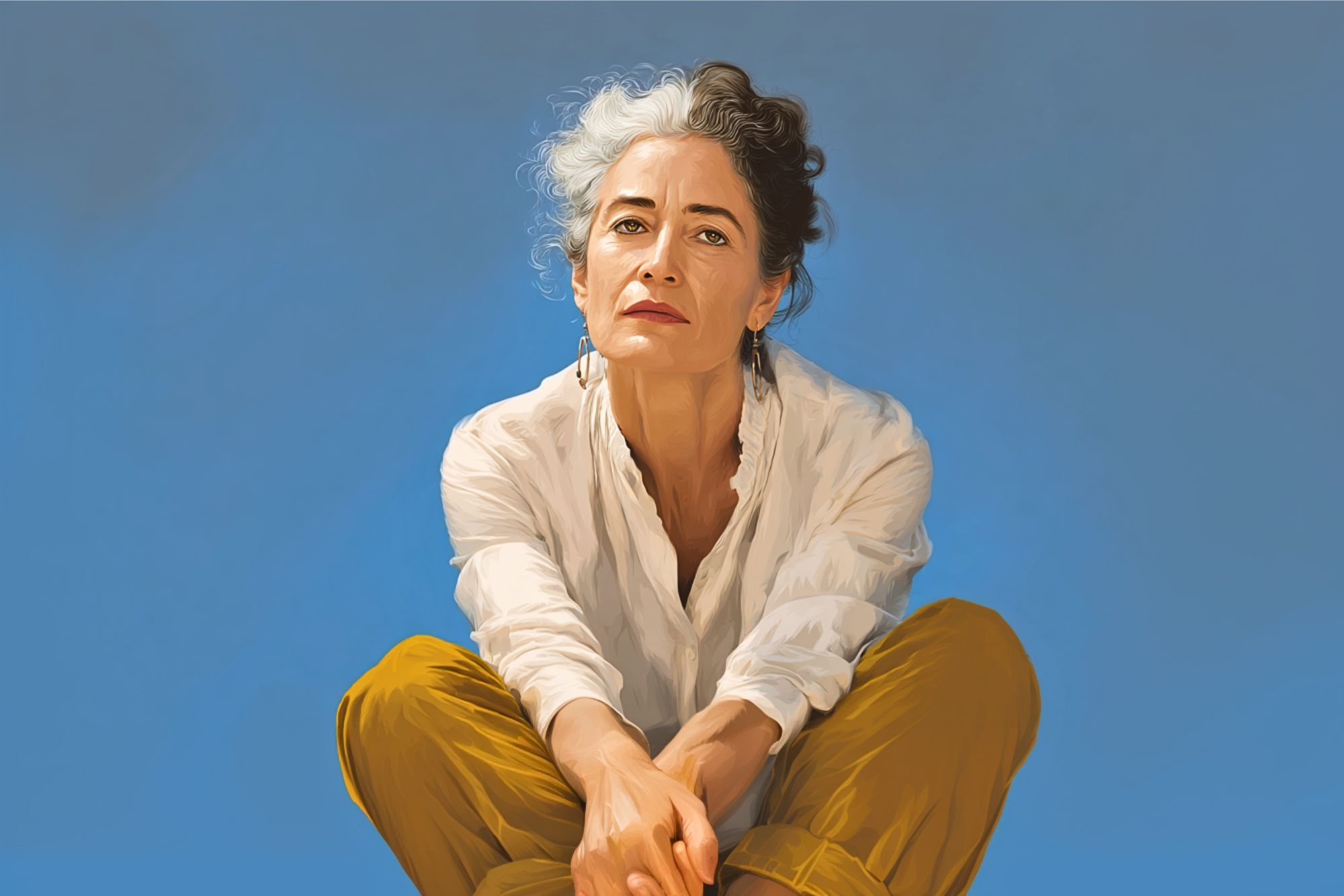 A woman with short, curly gray and dark hair sits cross-legged, wearing a white shirt and mustard yellow pants, against a clear blue background, looking thoughtfully at the camera.