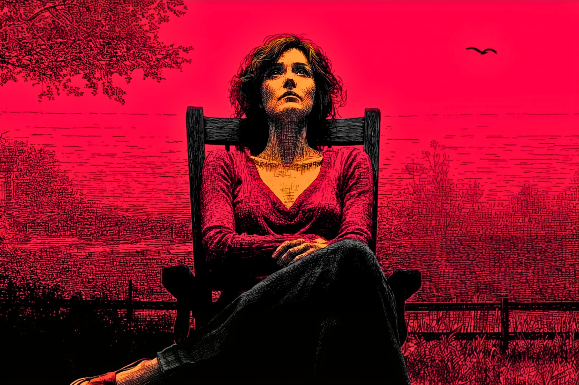 A woman with short hair sits in a wooden chair outdoors, looking upwards. The background is a vivid red with faint tree silhouettes, a fence, and a bird in the sky, creating a dramatic and moody atmosphere.