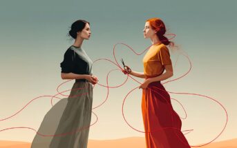 Two women stand facing each other in a desert. One holds scissors and a red thread that winds around both of them, connecting them in an intricate pattern. The scene is calm and surreal, with soft light and muted colors.