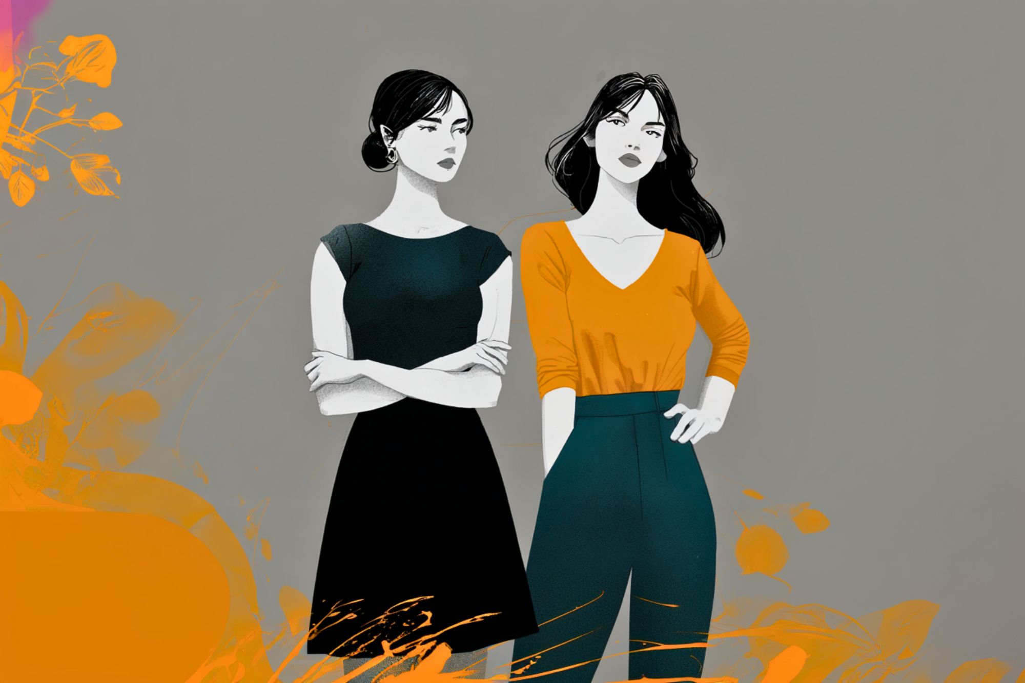Illustration of two women standing side by side against a gray background with orange abstract shapes; one wears a black dress with arms crossed, and the other wears an orange top and teal pants, both with neutral expressions.