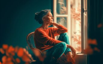 A woman with gray hair sits in a chair by an open window, eyes closed and resting her head on her hand, bathed in soft, warm light with orange autumn leaves outside.