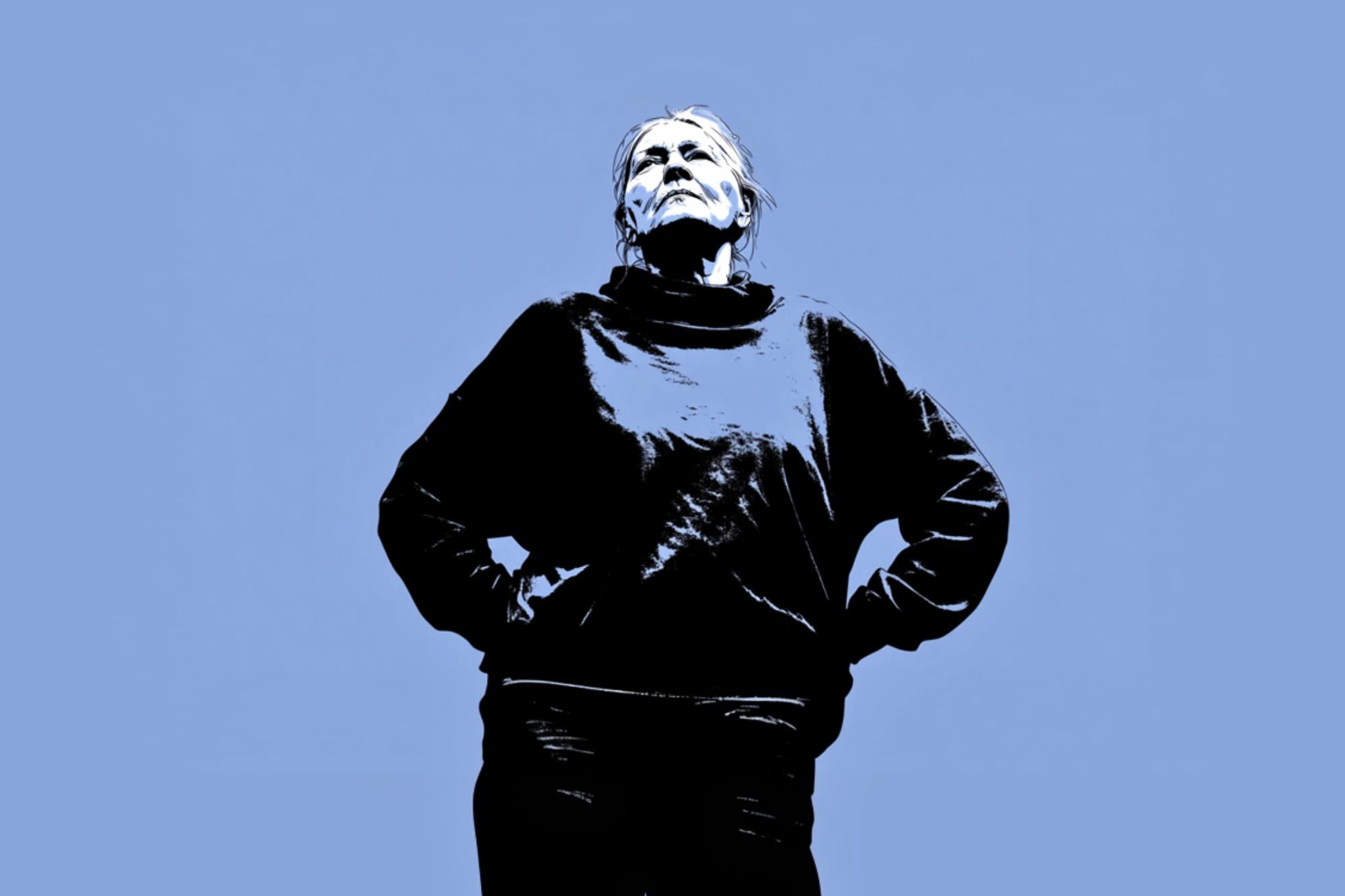 A stylized image of a person standing with hands on hips, looking upward against a solid blue background. The person is wearing a dark sweater and appears confident and contemplative.