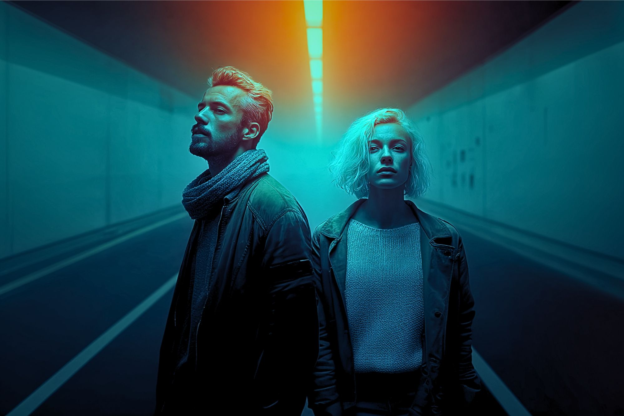 A man and a woman stand side by side in a dimly lit tunnel with blue and orange lighting, both looking serious and facing slightly away from each other. The tunnel is empty and atmospheric.