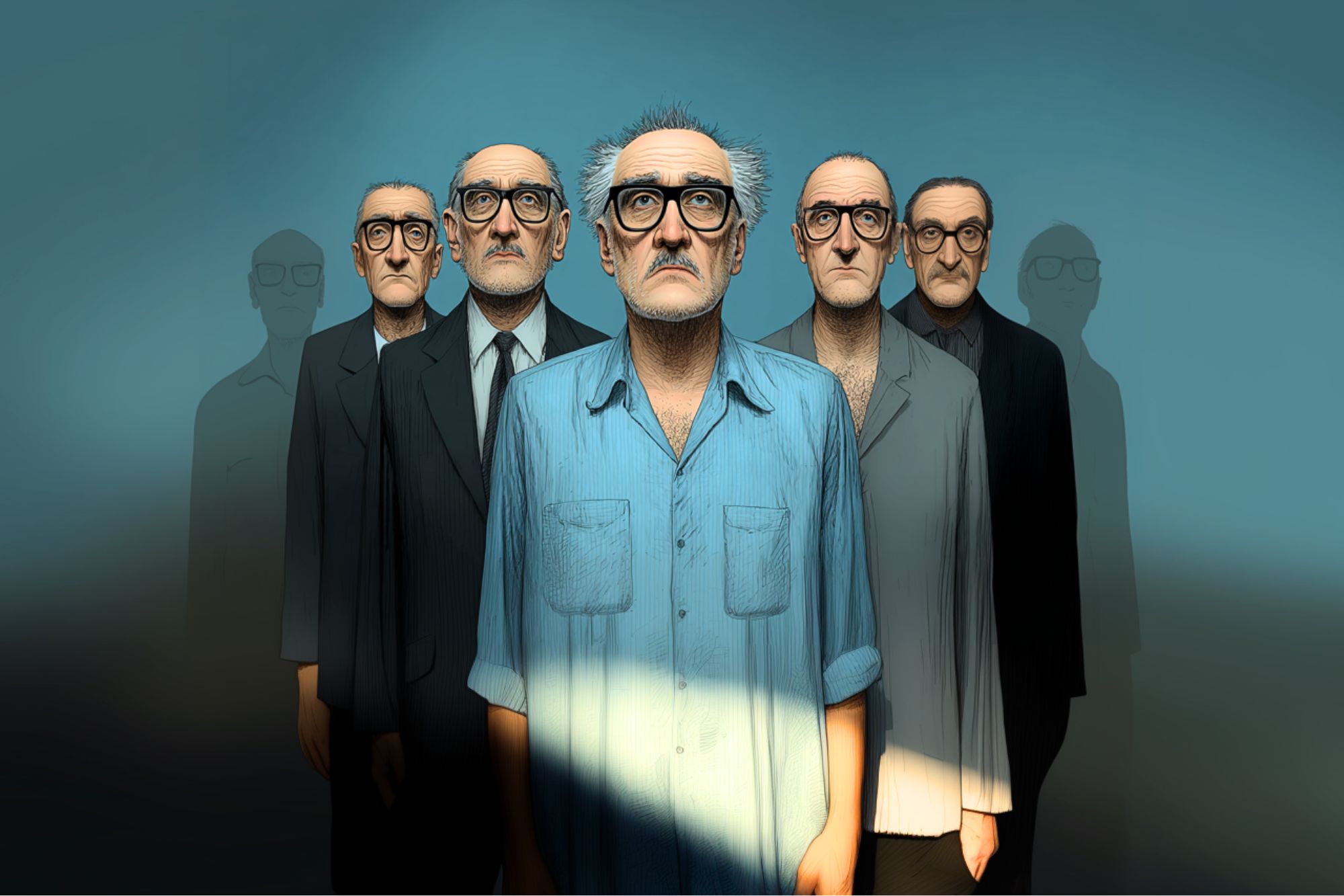 Five older men with similar facial features stand in a row, the man in front wearing a light blue shirt and the others in dark suits. A beam of light highlights the man at the front, casting shadows behind them.