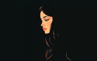 A stylized illustration of a woman with long dark hair, shown in profile against a black background, her face softly highlighted and her expression calm and introspective.