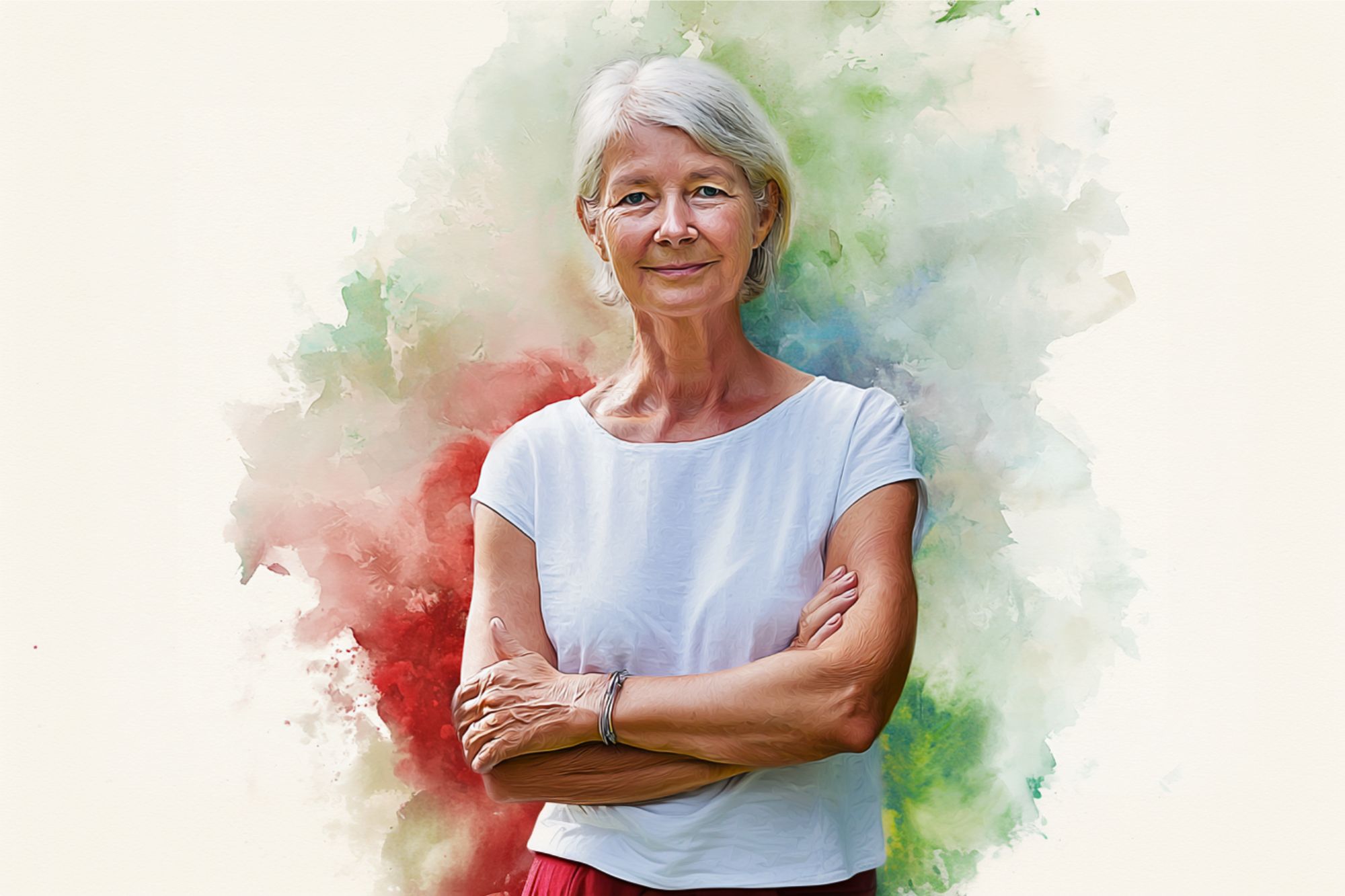 An older woman with white hair stands confidently with arms crossed, wearing a white top and red skirt, set against a watercolor-style background of red, green, and beige hues.