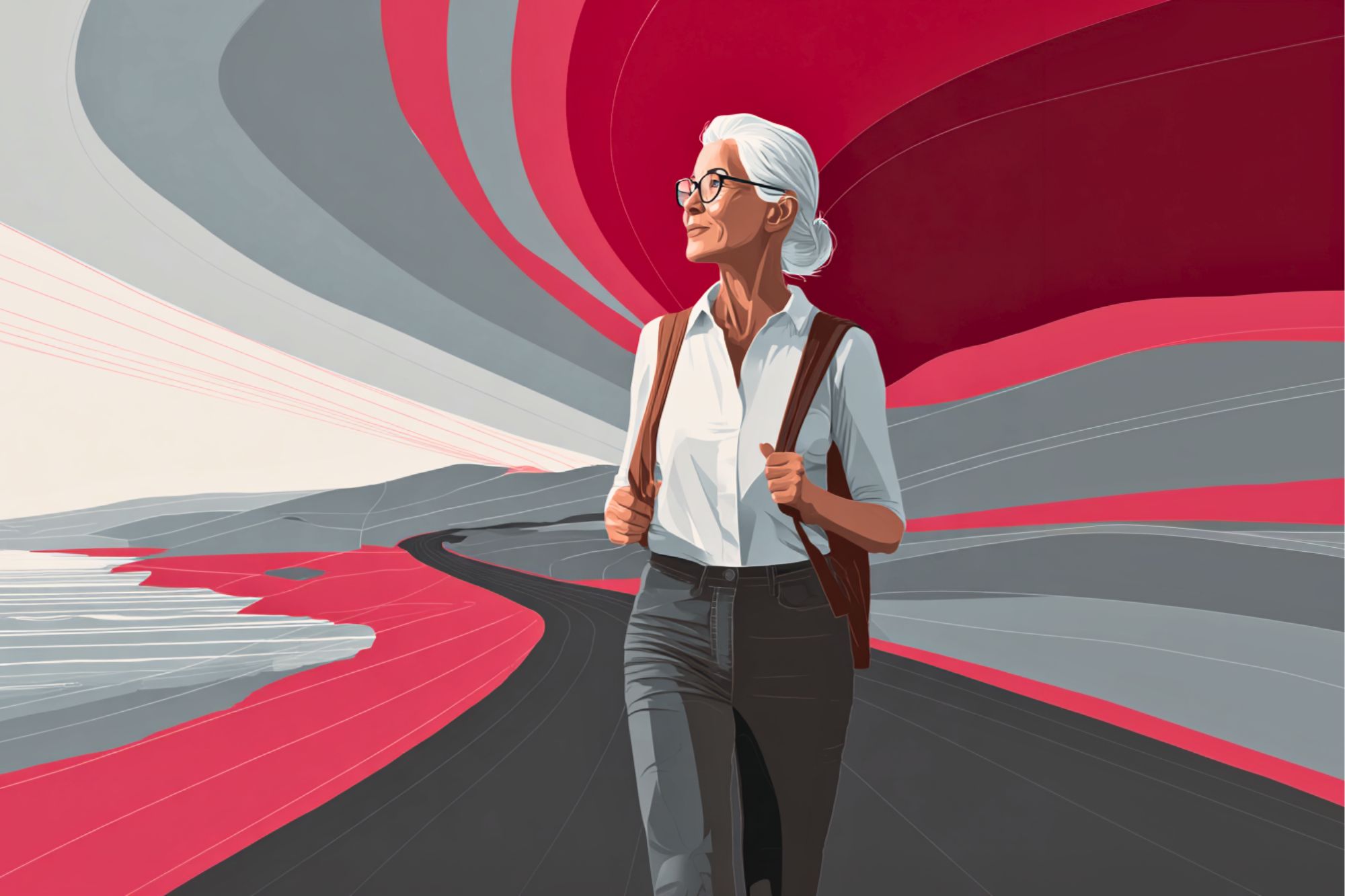 An older woman with white hair, glasses, and a backpack walks confidently along a curving road, with abstract red, gray, and white swirls in the sky behind her.