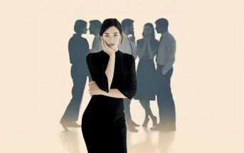 A woman in a black dress stands in the foreground looking thoughtful, while four blurred figures in business attire converse in the background against a light, minimalist backdrop.