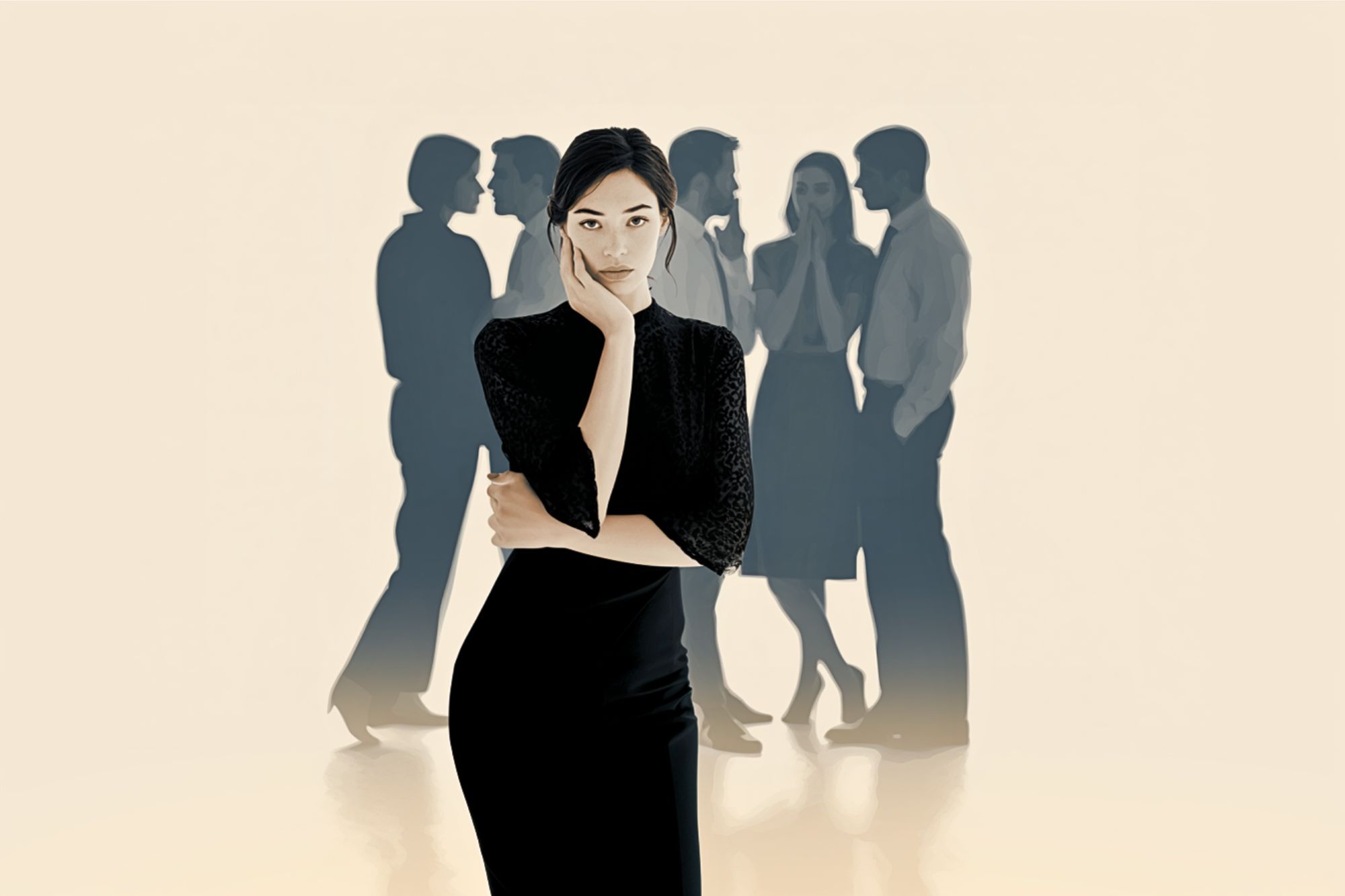 A woman in a black dress stands in the foreground looking thoughtful, while four blurred figures in business attire converse in the background against a light, minimalist backdrop.