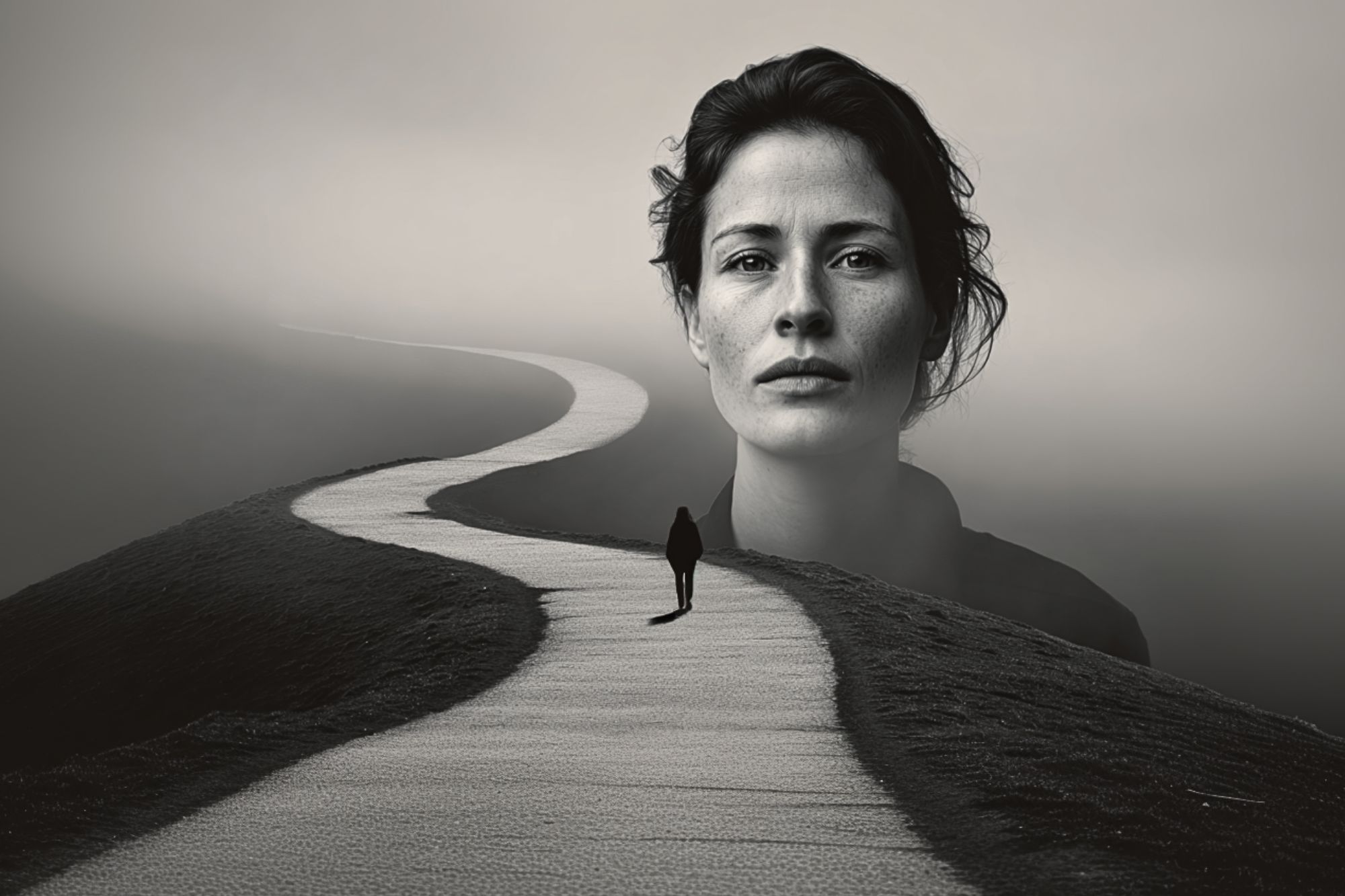 A person walks alone on a winding path through a misty landscape, with the large, grayscale face of a woman superimposed in the background, evoking a reflective or dreamlike mood.