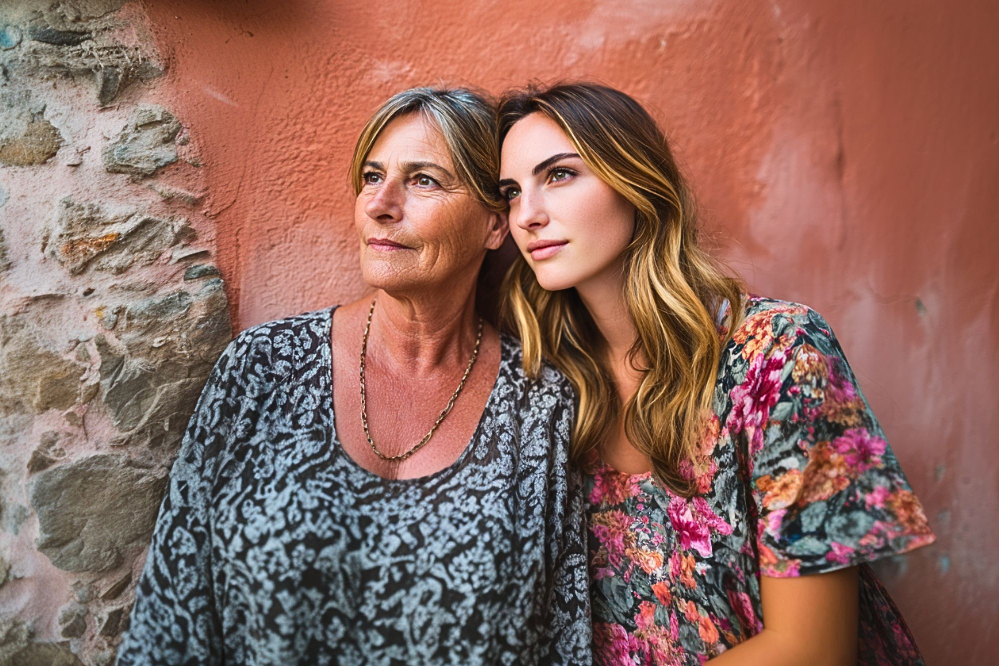 Two women, one older with short gray hair and one younger with long blonde hair, stand close together against a textured wall, both looking thoughtfully into the distance. They wear floral-patterned tops.