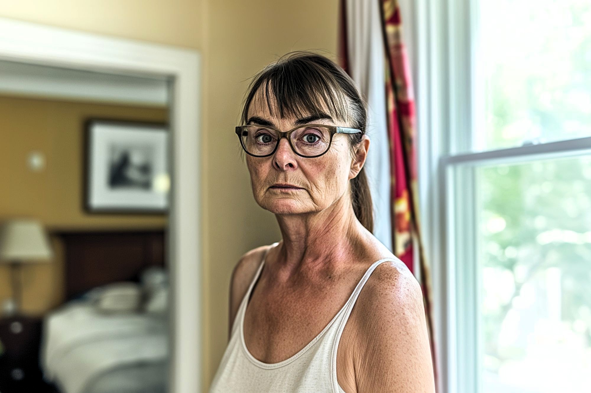An older woman with glasses and straight brown hair pulled back stands indoors near a window, wearing a white tank top and looking seriously at the camera. A bedroom with a bed and framed picture is visible in the background.