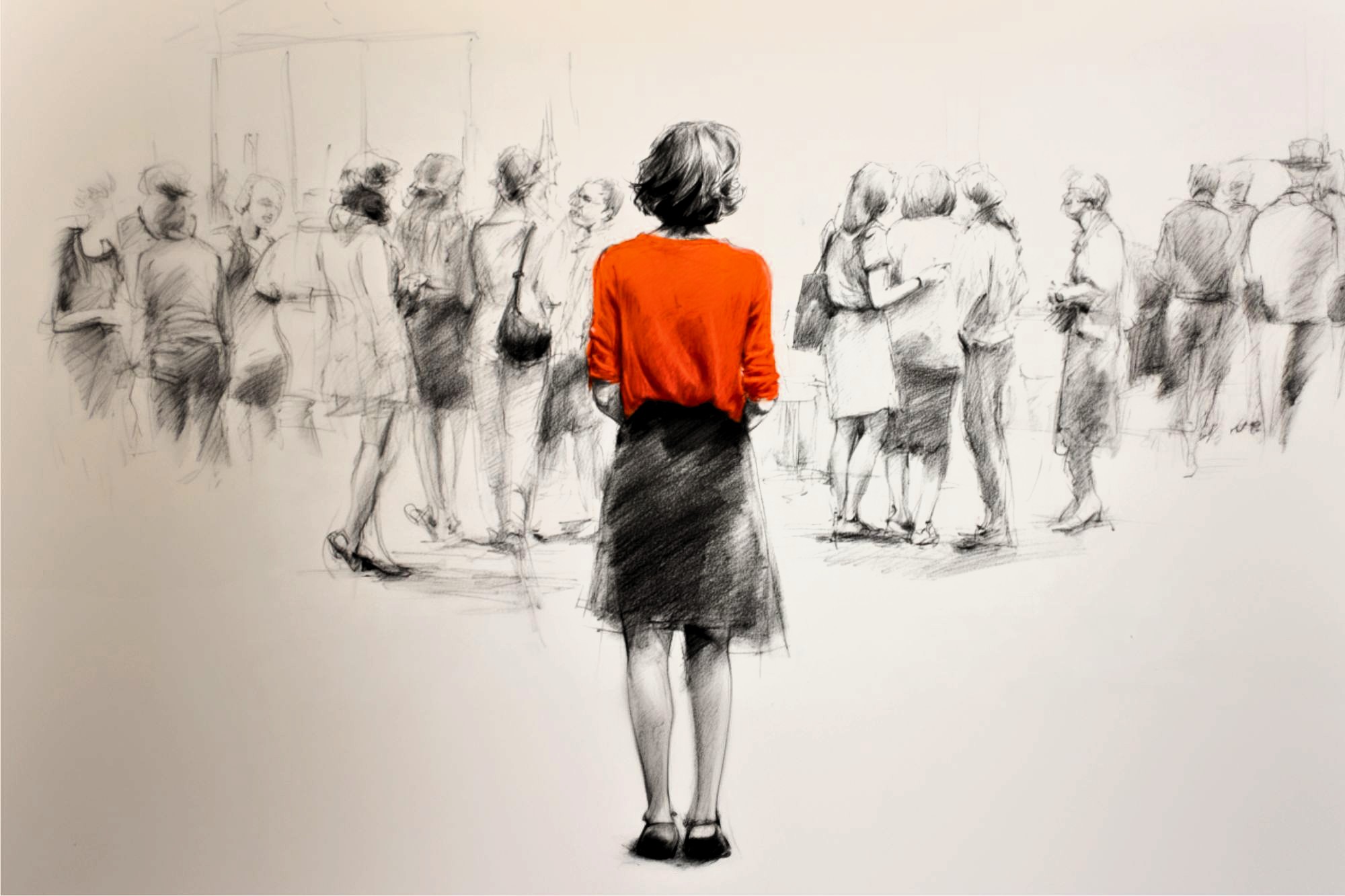 A lone woman in a red top stands facing a blurred crowd, all sketched in black and white, emphasizing her solitude and the contrast between her and the group.