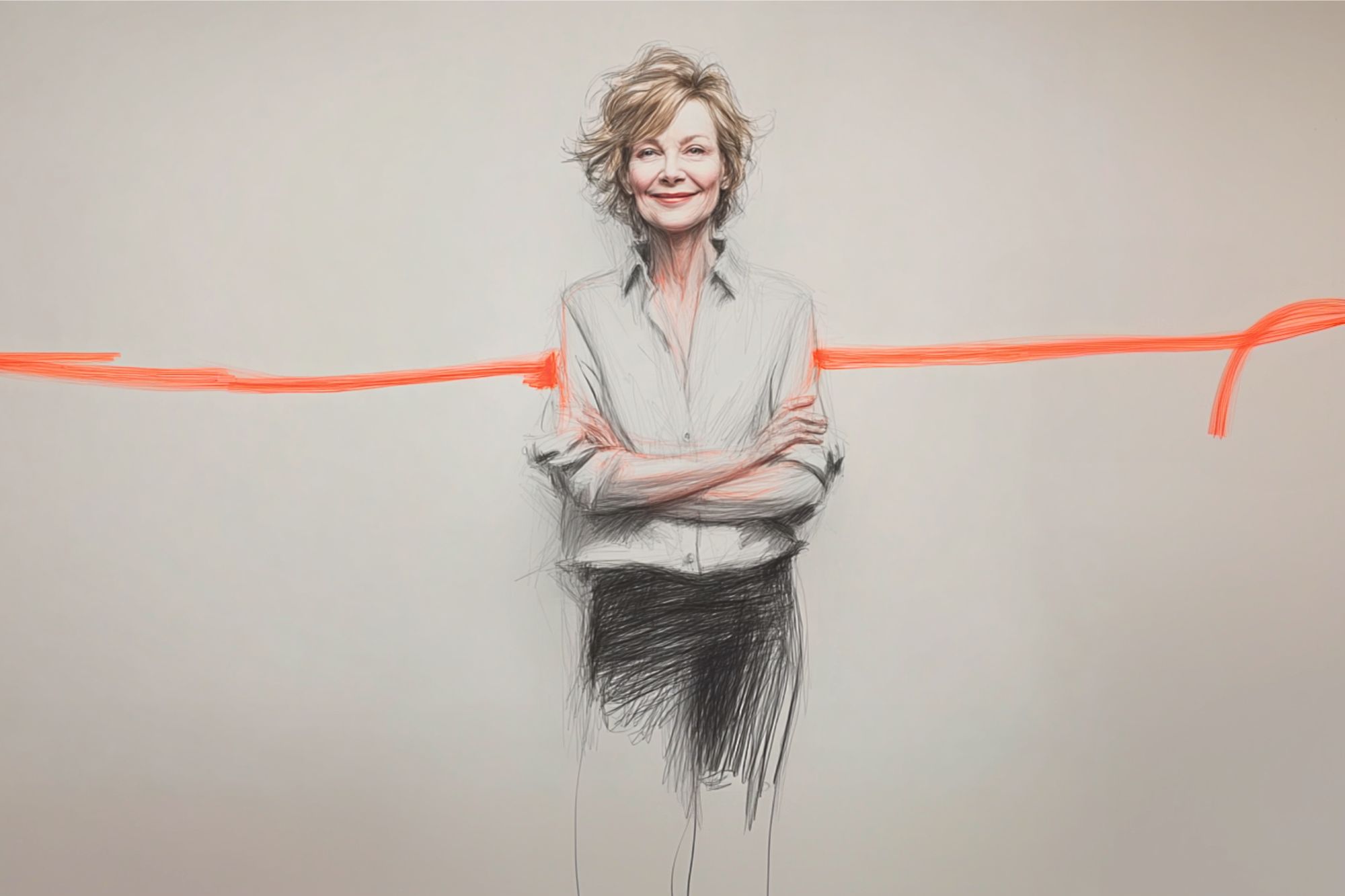 A woman with short, wavy hair stands confidently with arms crossed, smiling. She is sketched in black and white, with a bold orange line running horizontally behind her on a plain background.