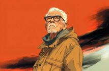 An elderly man with white hair, beard, and glasses wears a tan coat, standing against a vivid orange and black abstract background, looking upward with a thoughtful expression.